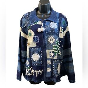 Tiara International Snowflake Frosty Snowman Winter Zip Christmas Sweater Size L